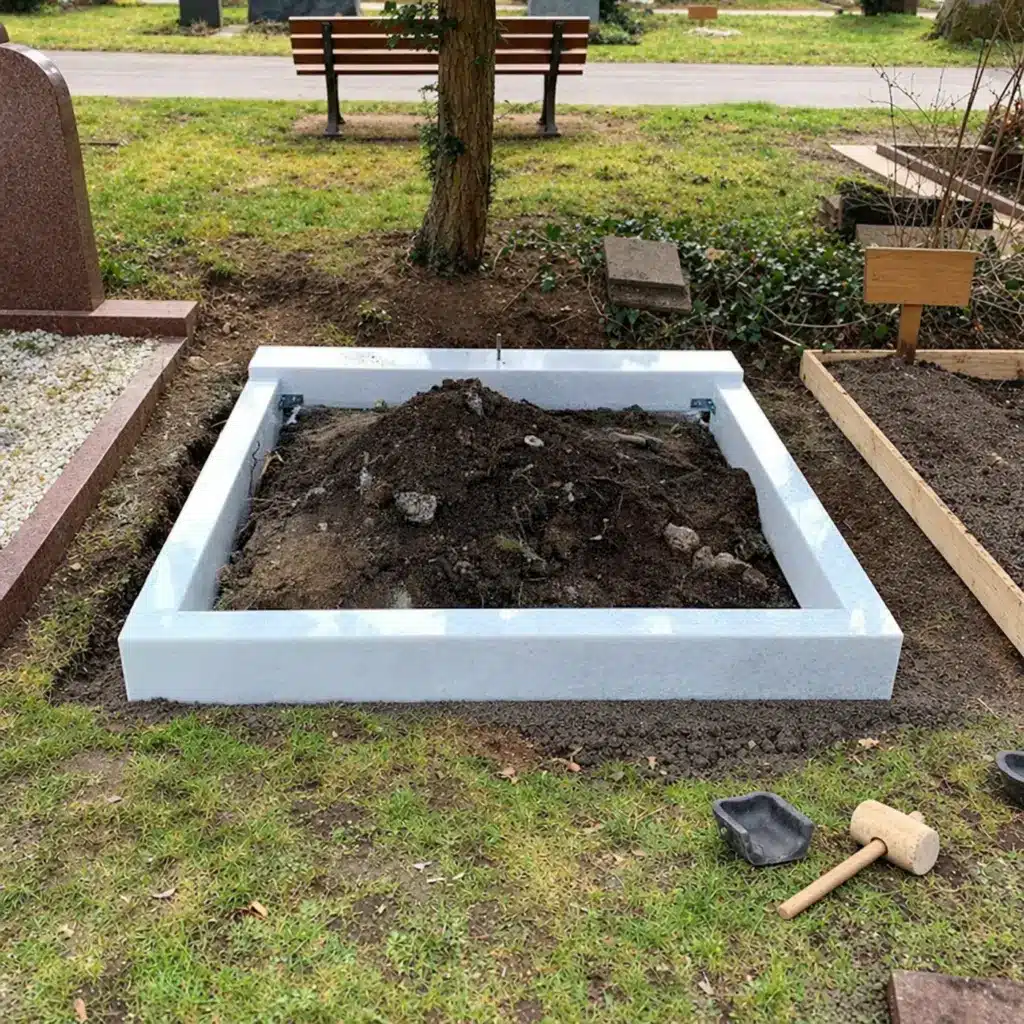 Grabmal-Aufbau durch regionalen Steinmetz: die Einfassung ist auf dem Friedhof gesetzt