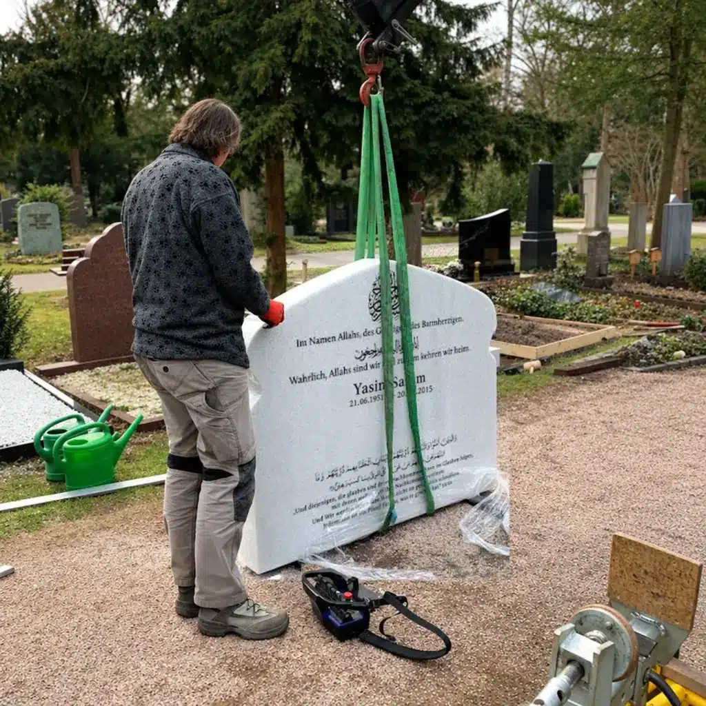 Steinmetz bereitet den Grabstein auf dem Friedhof für das Setzen mit dem Kran vor