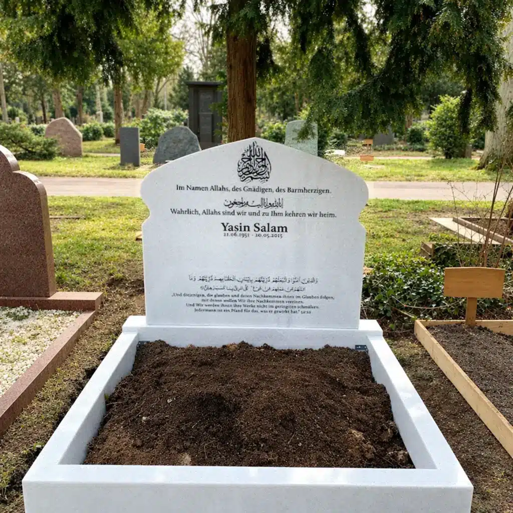 Fertig aufgebautes Grabmal mit Einfassung auf dem Friedhof, standsicher nach TA Grabmal