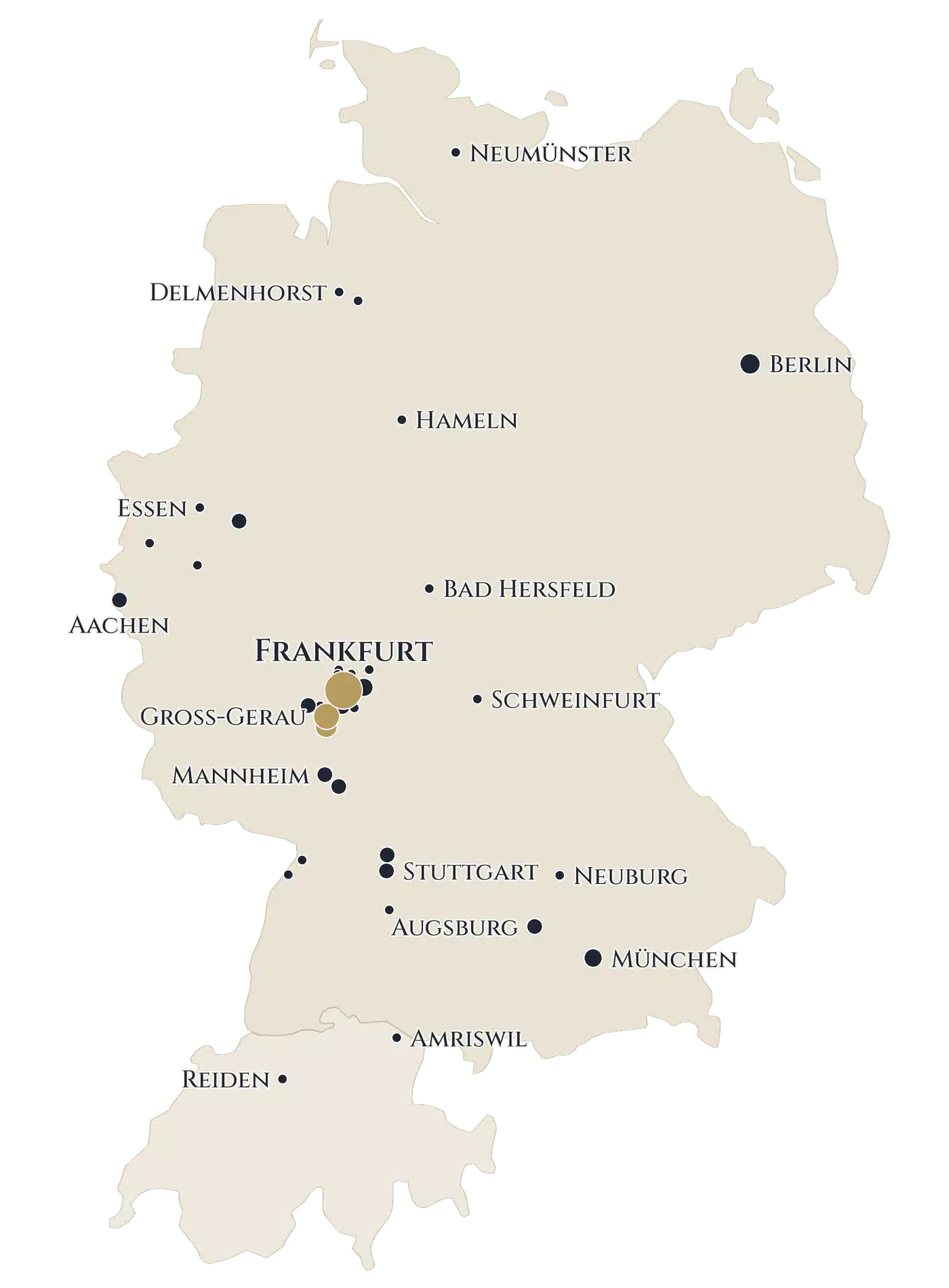 Karte mit den Orten in Deutschland und der Schweiz, an denen Grabsteine von Grab Online stehen