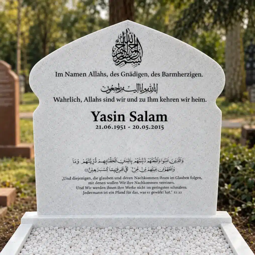 Doppelgrabstein Modell Noor aus Crystal White Granit auf dem Friedhof