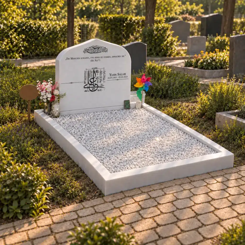 Doppelgrabstein Modell Miraj aus Crystal White auf dem Friedhof