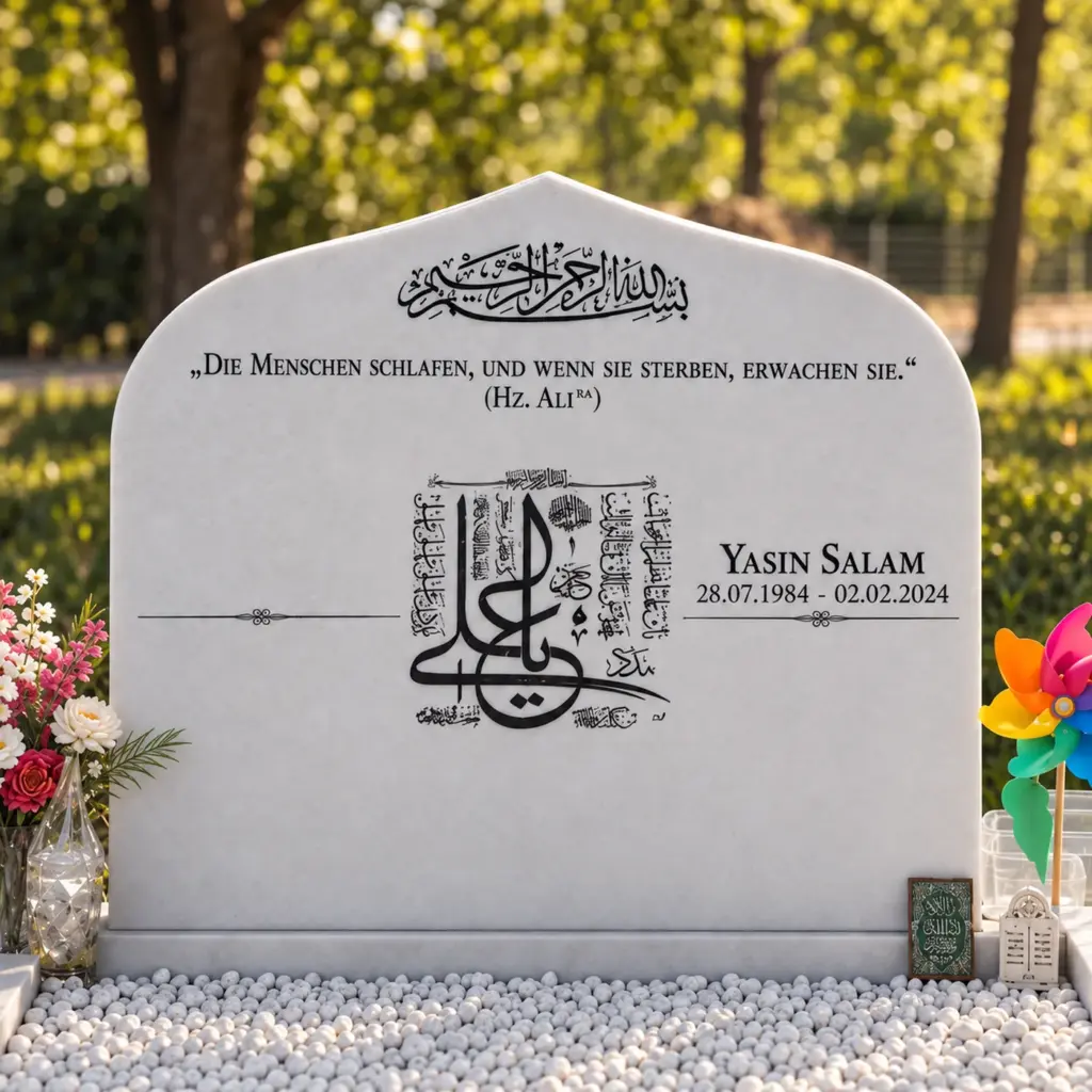 Doppelgrabstein Modell Miraj aus Crystal White Granit auf dem Friedhof