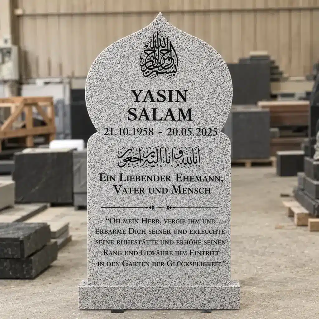 Einzelgrabstein Modell Zahra aus G623 Granit in der Werkstatt