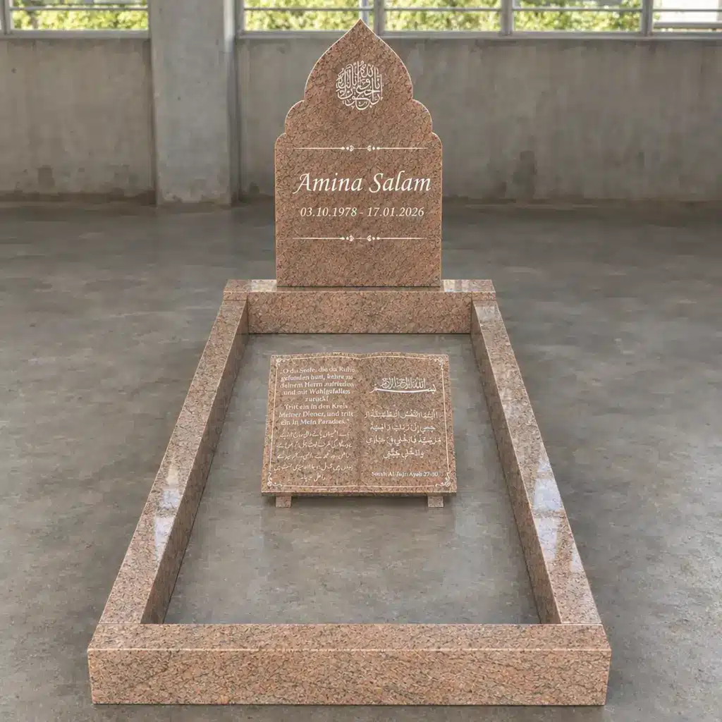 Einzelgrabstein Modell Nasma aus India Juparana Granit in der Werkstatt