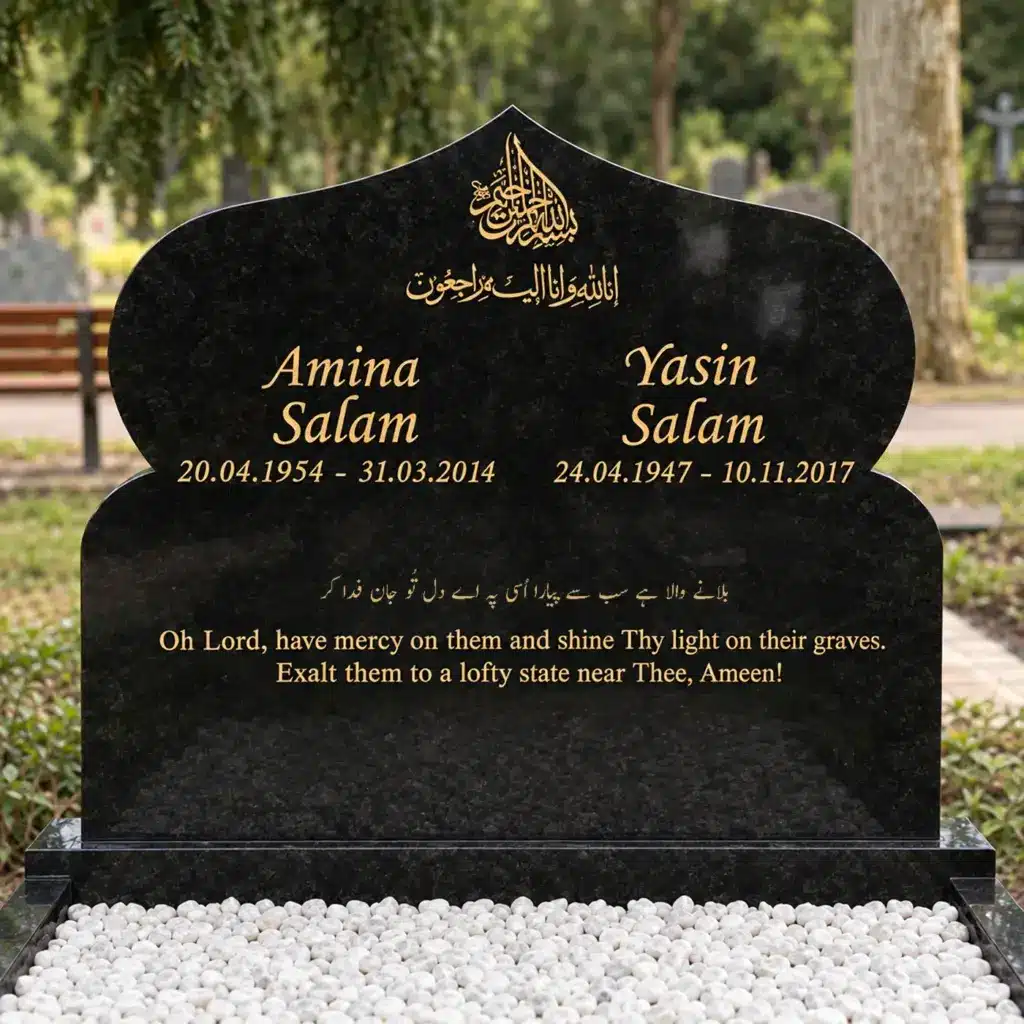 Doppelgrabstein Modell Minaar aus Indian Black Granit auf dem Friedhof