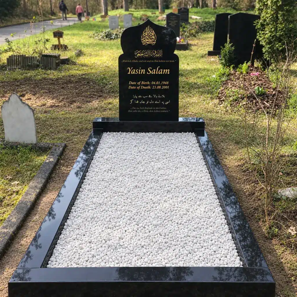 Einzelgrabstein Modell Minaar aus Indian Black Granit auf dem Friedhof