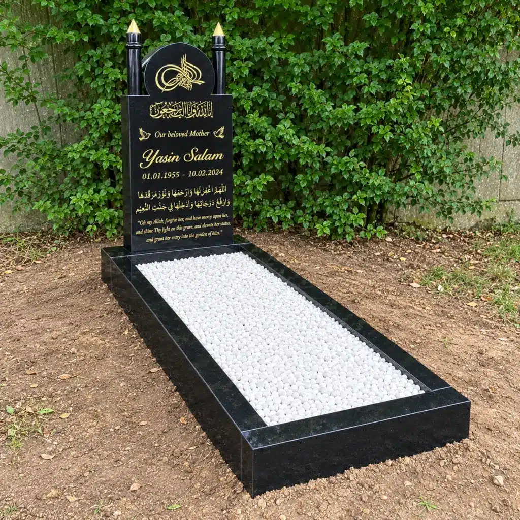 Einzelgrabstein Modell Minaratul-Fajr aus Indian Black Granit auf dem Friedhof