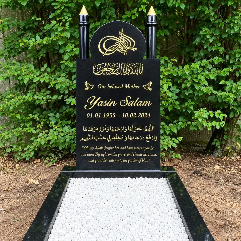 Einzelgrabstein Modell Minaratul-Fajr aus Indian Black Granit auf dem Friedhof