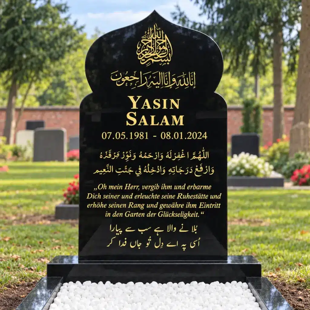 Einzelgrabstein Modell Minaar aus Indian Black Granit auf dem Friedhof