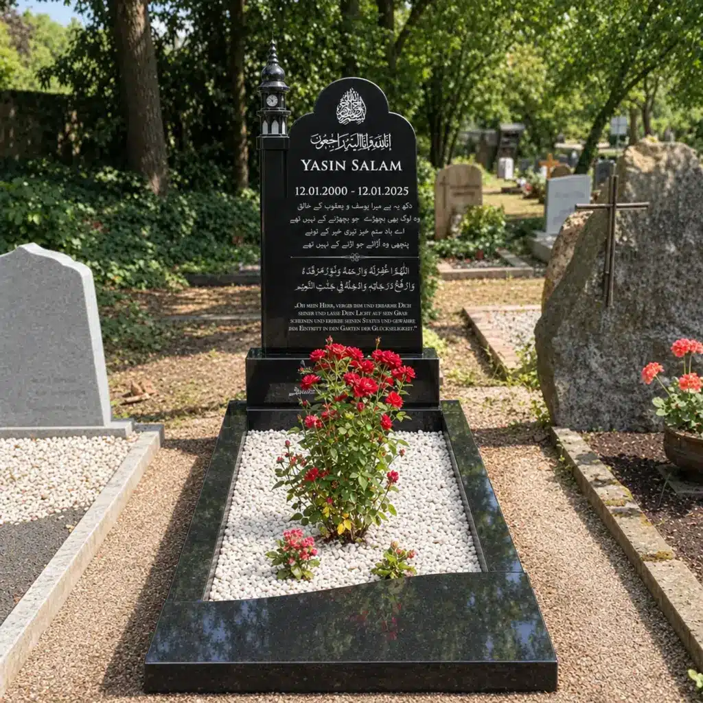Einzelgrabstein Modell Minaratul-Siraj aus Indian Black Granit auf dem Friedhof