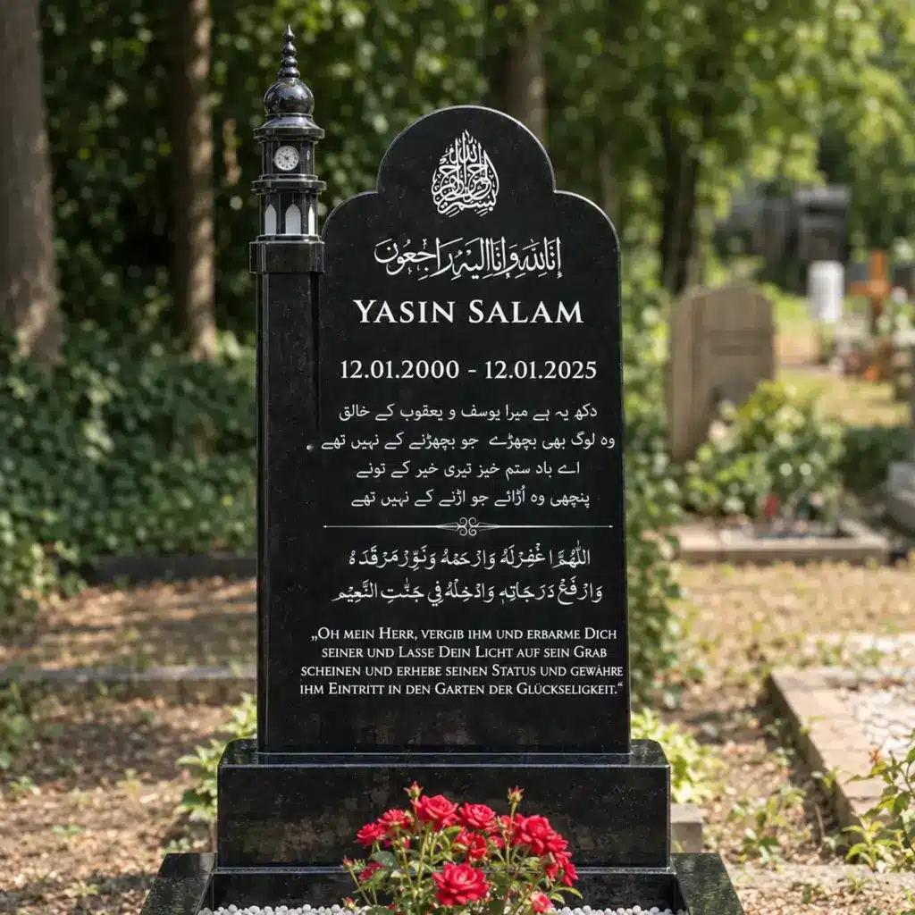 Einzelgrabstein Modell Minaratul-Siraj aus Indian Black Granit auf dem Friedhof