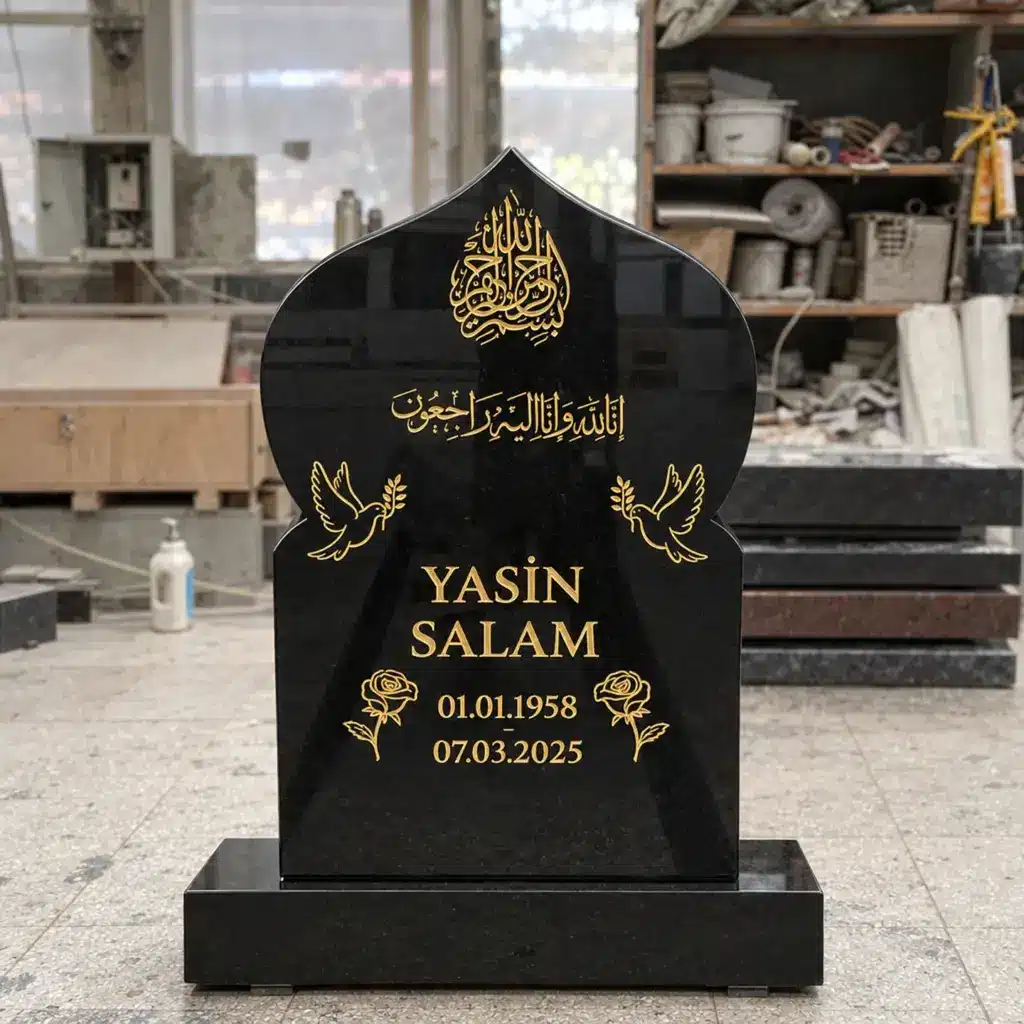 Einzelgrabstein Modell Zahra aus Indian Black Granit in der Werkstatt