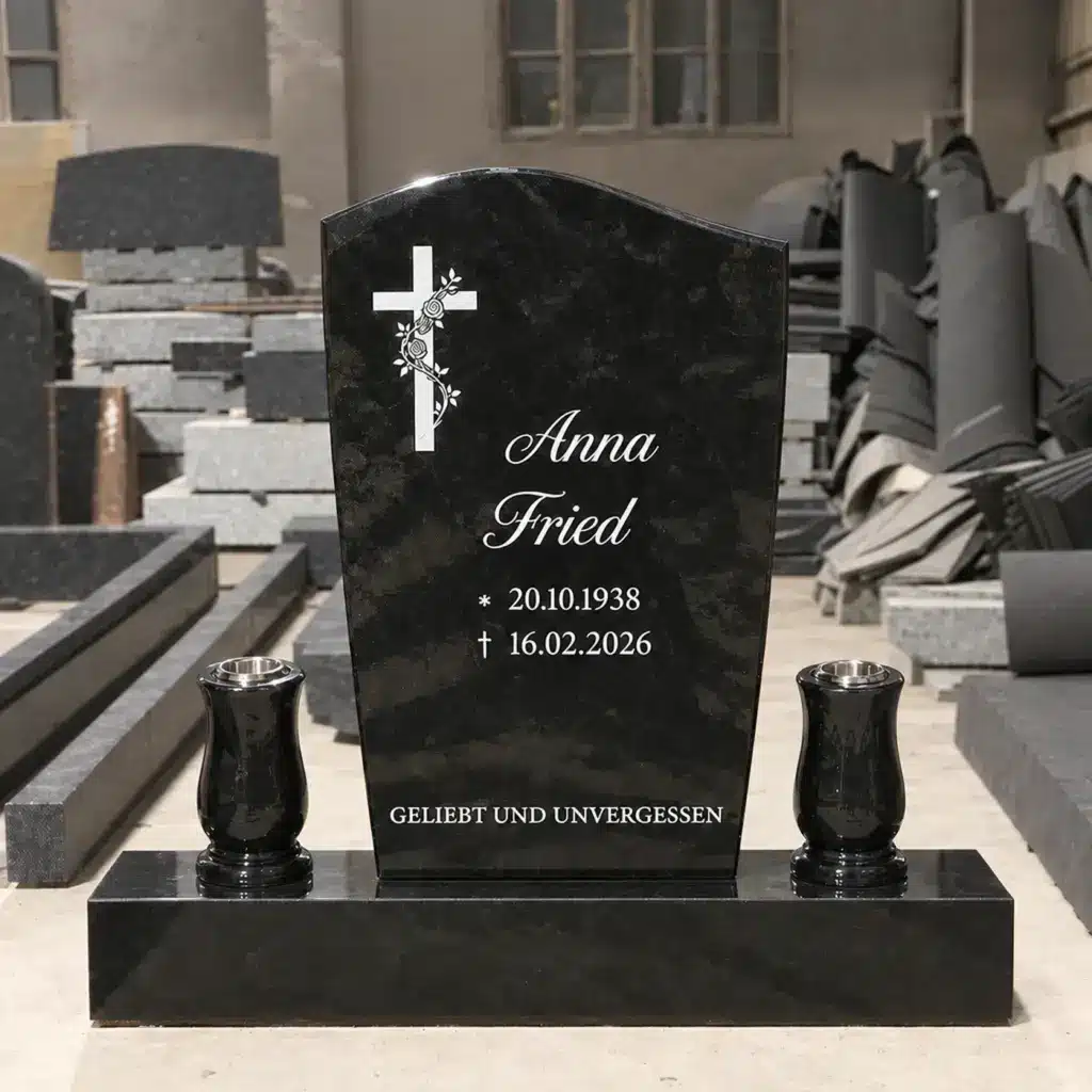 Einzelgrabstein Modell Lumen aus Indian Black Granit in der Werkstatt