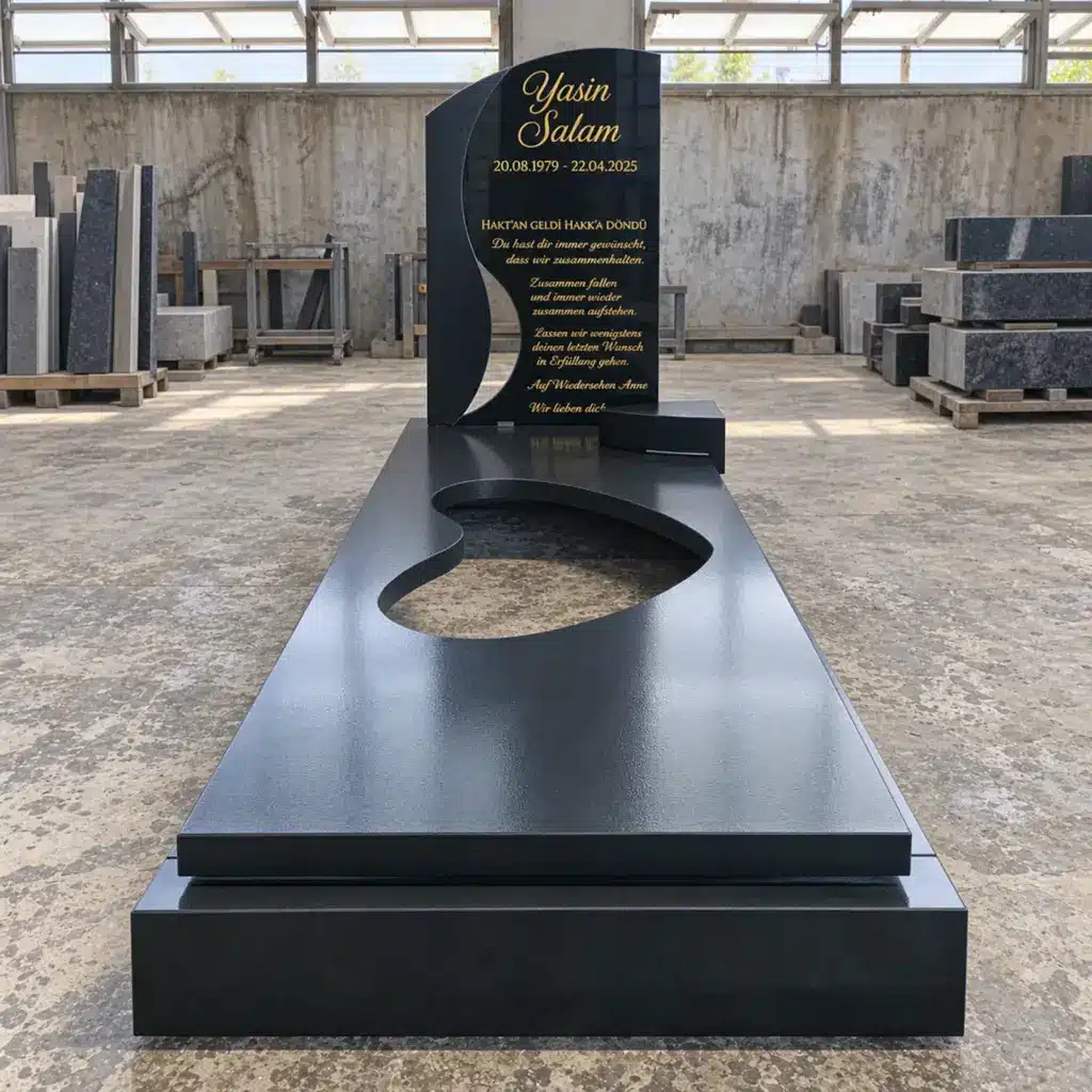 Einzelgrabstein Modell Hilal aus Indian Black Granit in der Werkstatt