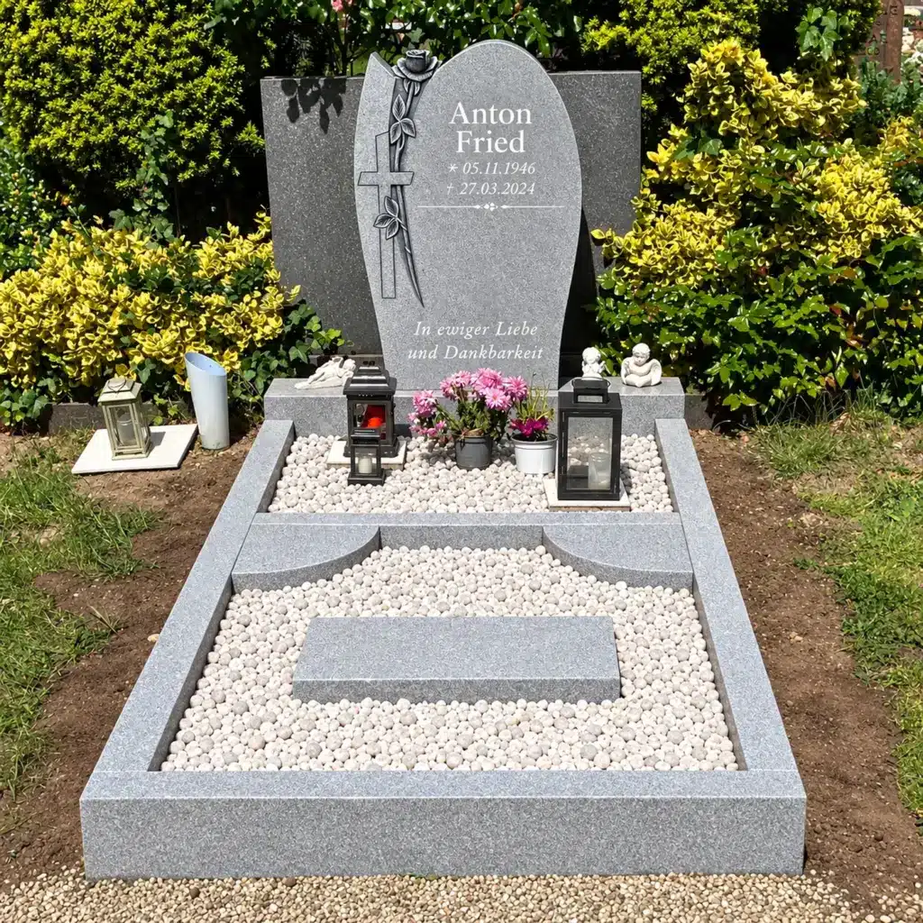 Einzelgrabstein Modell Aeternum aus MP White Granit auf dem Friedhof