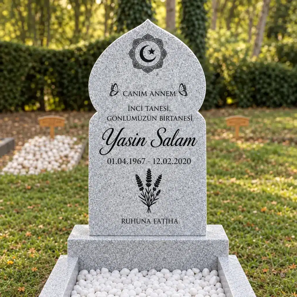 Einzelgrabstein Modell Noor aus MP White Granit auf dem Friedhof
