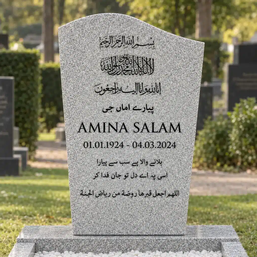 Einzelgrabstein Modell Lumen aus MP White Granit auf dem Friedhof