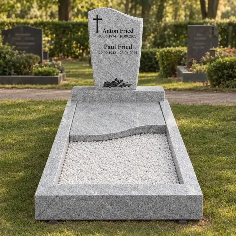Einzelgrabstein Modell Lumen aus MP White Granit auf dem Friedhof