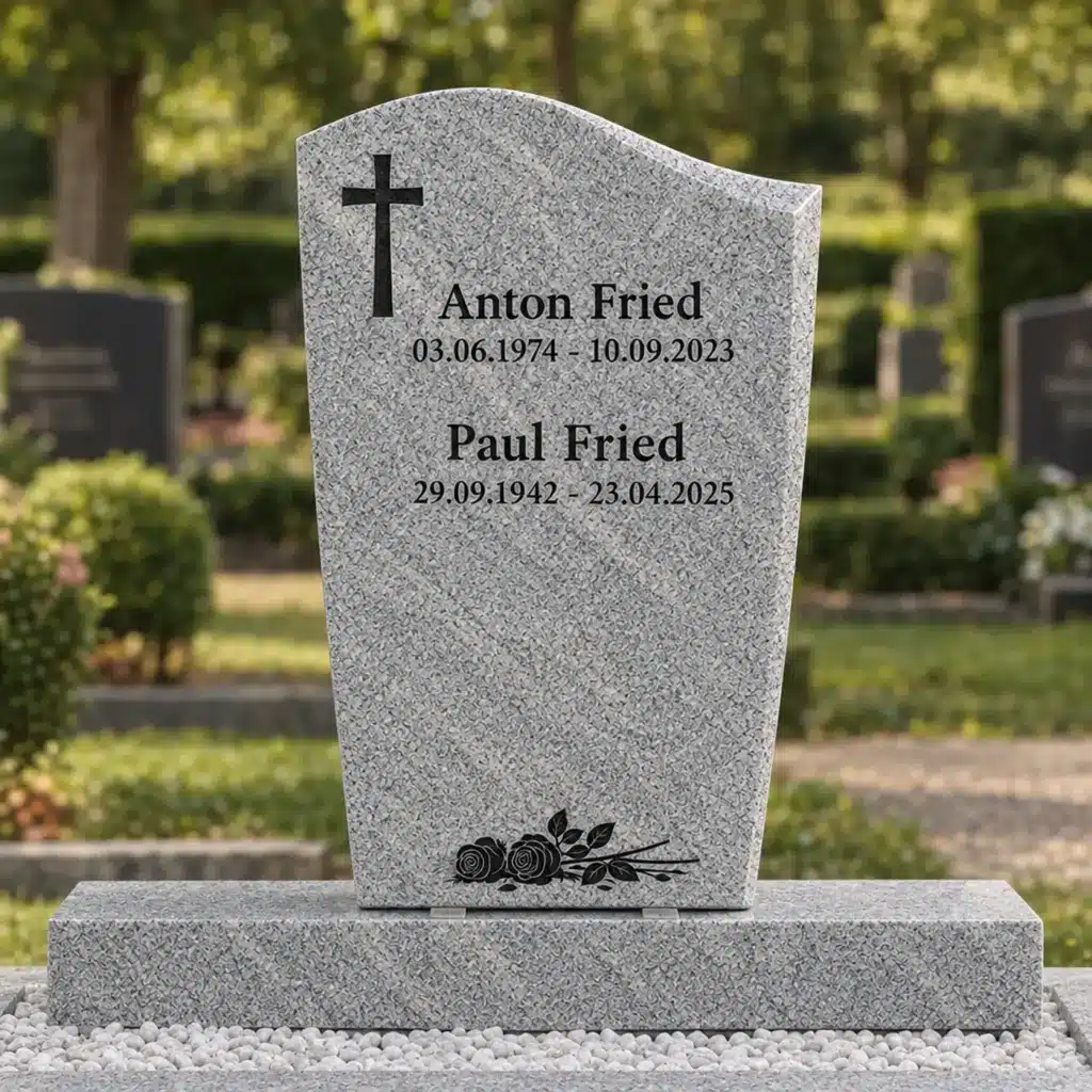Einzelgrabstein Modell Lumen aus MP White Granit auf dem Friedhof