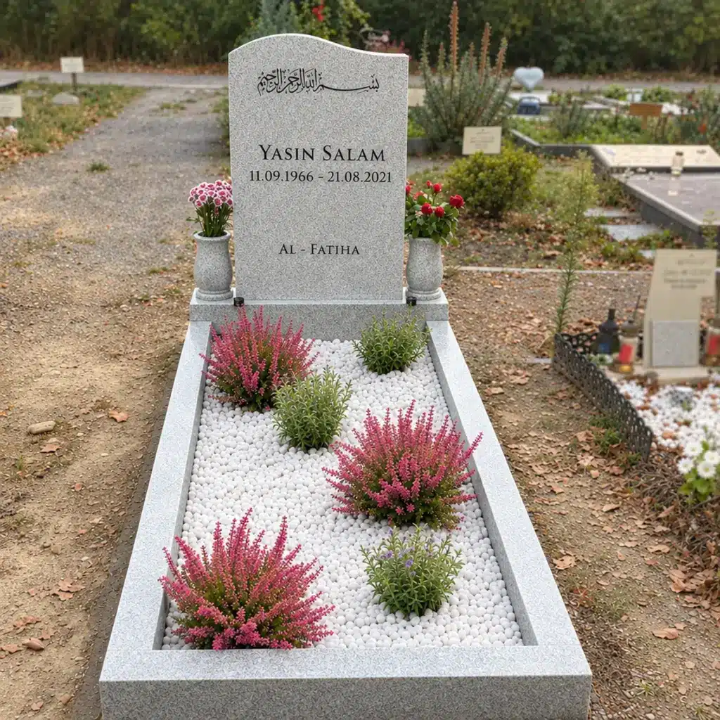 Einzelgrabstein Modell Aura aus MP White Granit auf dem Friedhof