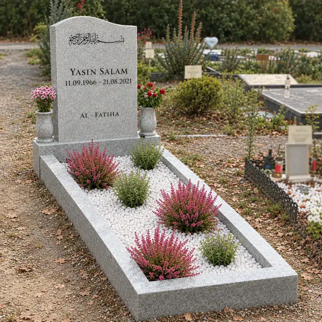 Einzelgrabstein Modell Aura aus MP White Granit auf dem Friedhof