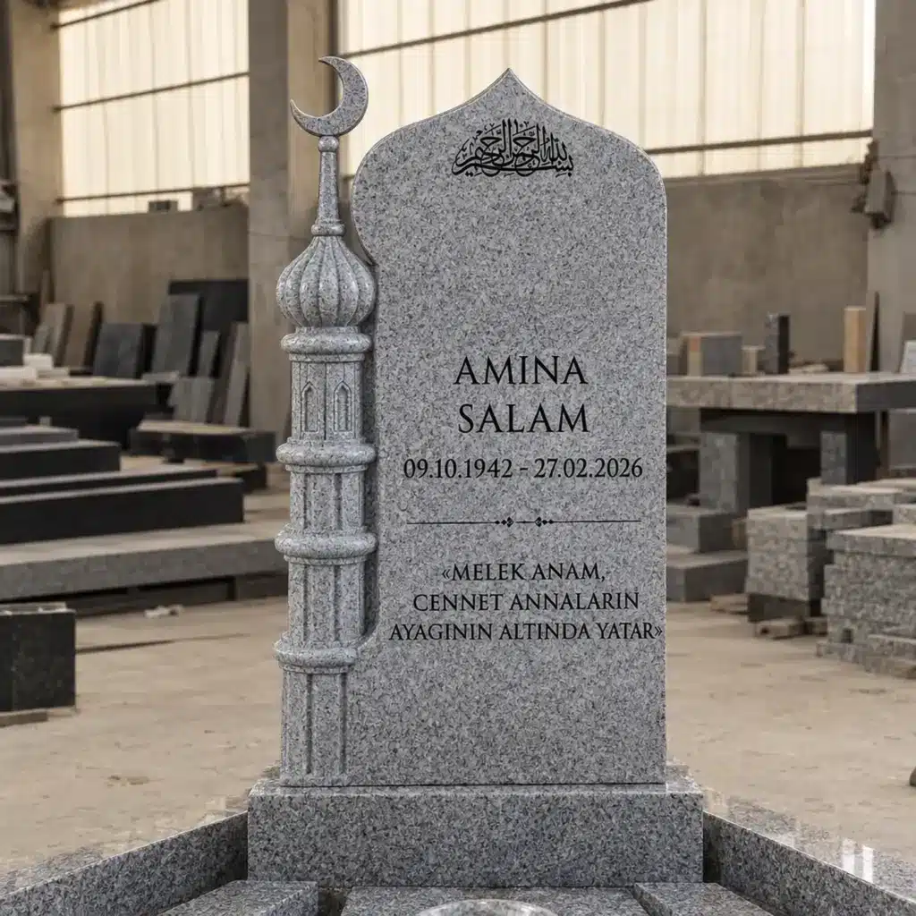 Einzelgrabstein Modell Minaratul-Hilal aus MP White Granit in der Werkstatt
