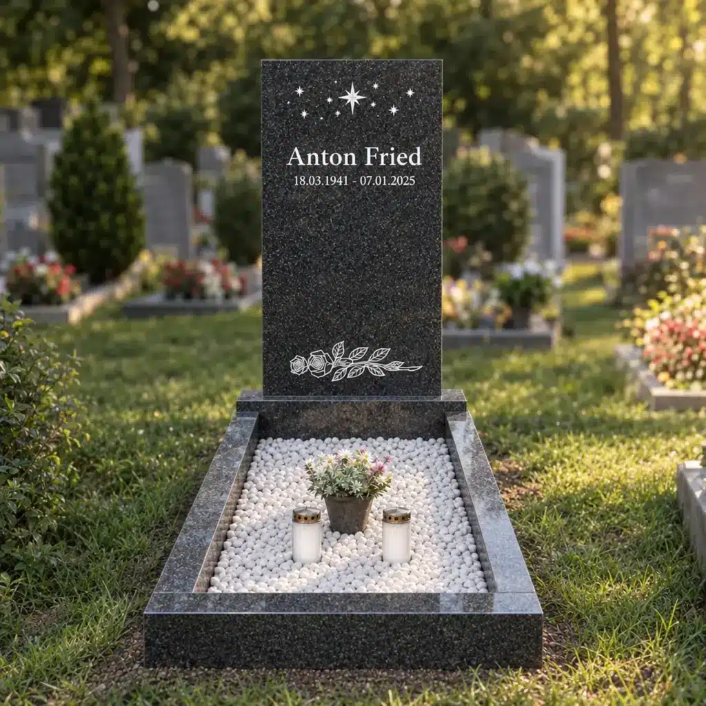 Einzelgrabstein Modell Kubus aus Nero Impala Granit auf dem Friedhof