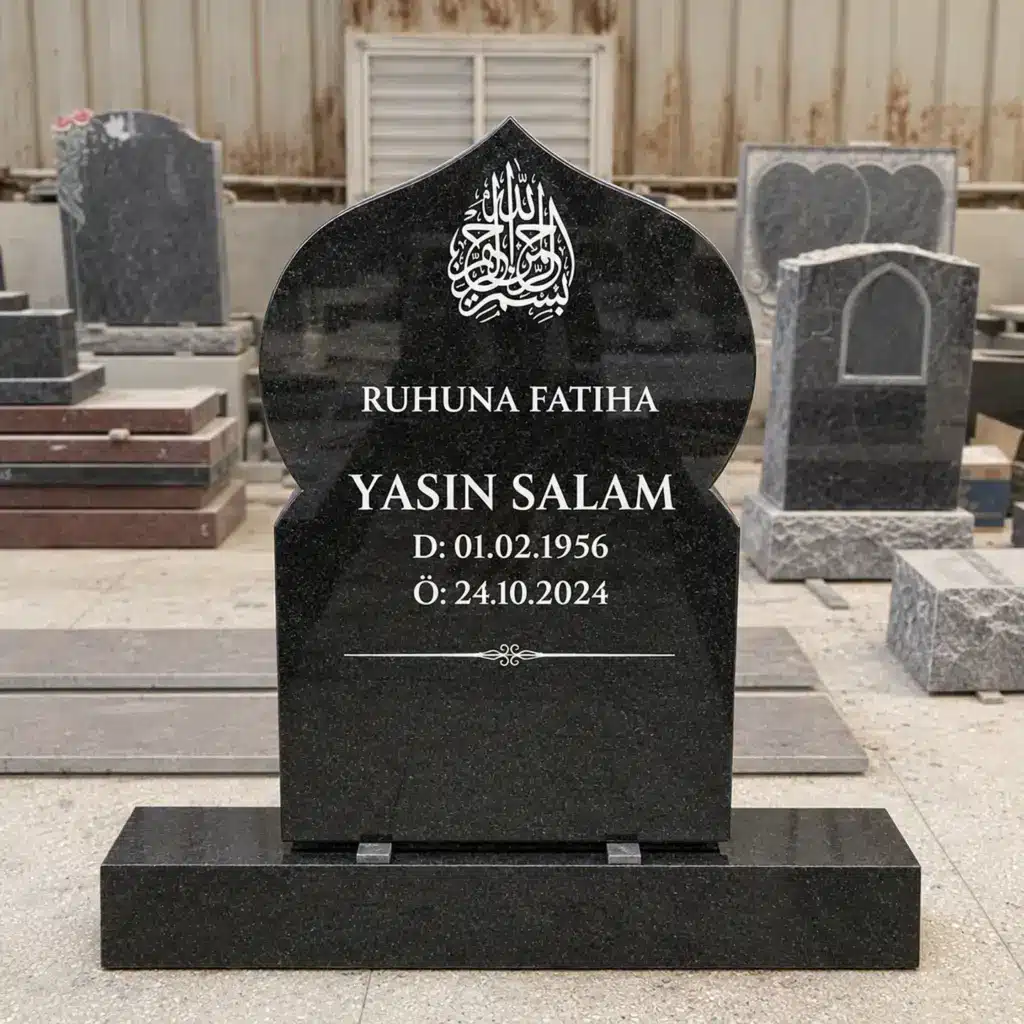 Einzelgrabstein Modell Zahra aus Nero Impala Granit in der Werkstatt