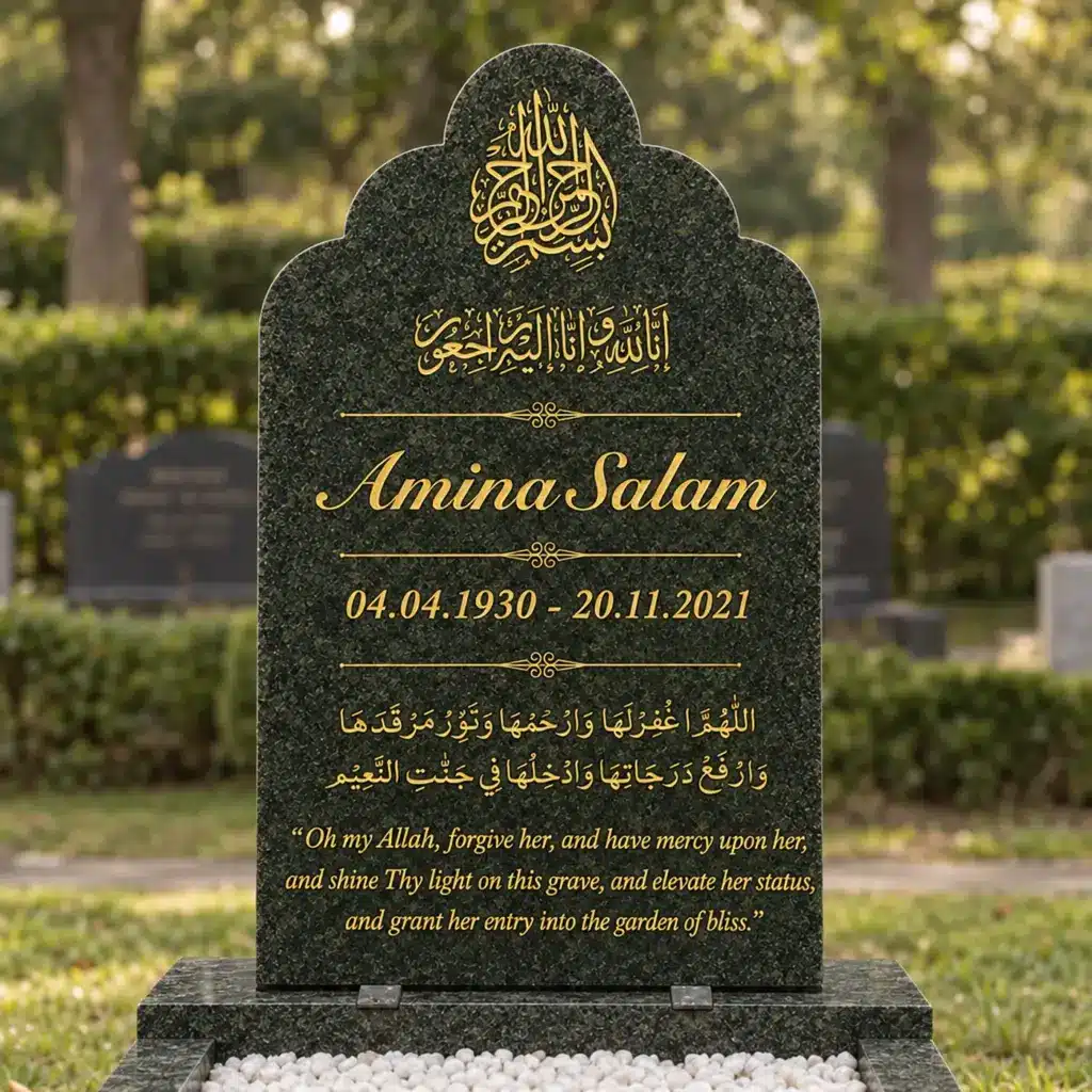 Einzelgrabstein Modell Anisa aus Olive Green Granit auf dem Friedhof