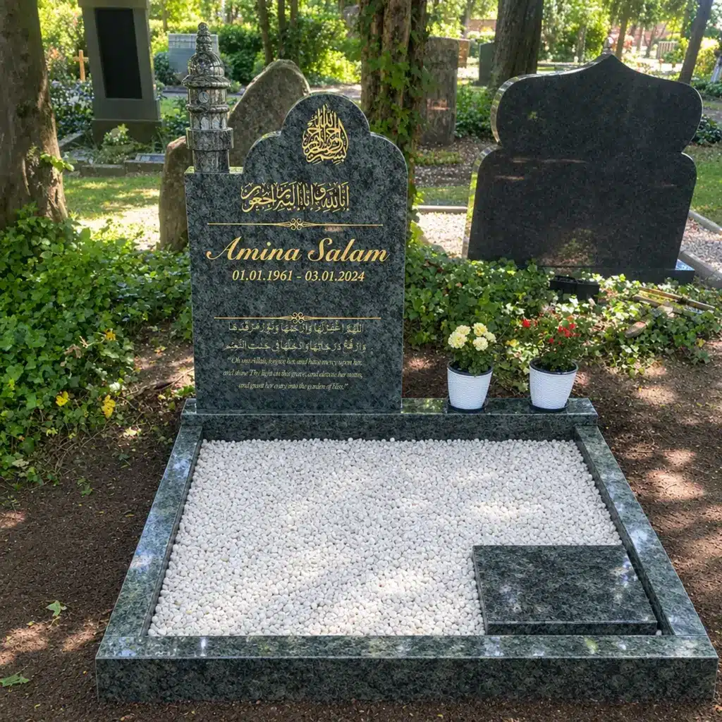 Doppelgrabstein Modell Minaratul-Siraj aus Olive Green Granit auf dem Friedhof