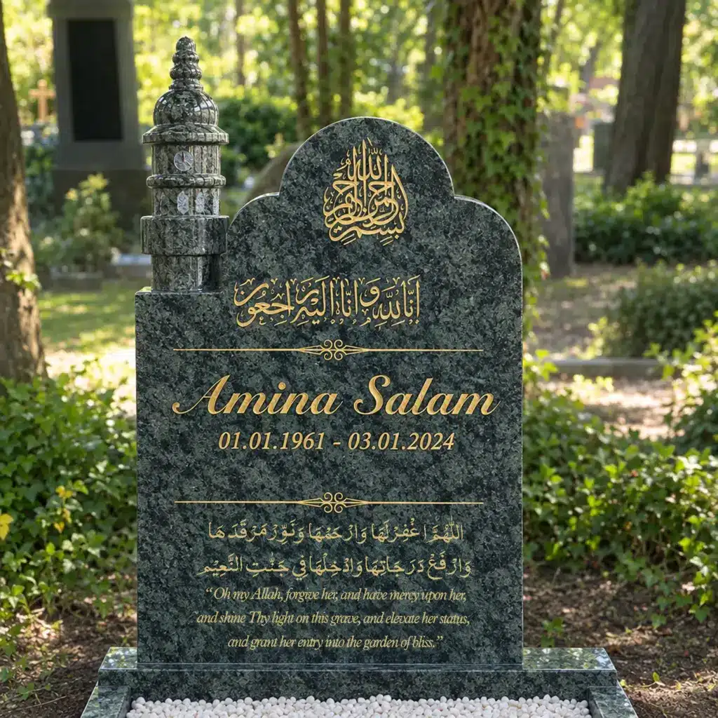 Doppelgrabstein Modell Minaratul-Siraj aus Olive Green Granit auf dem Friedhof