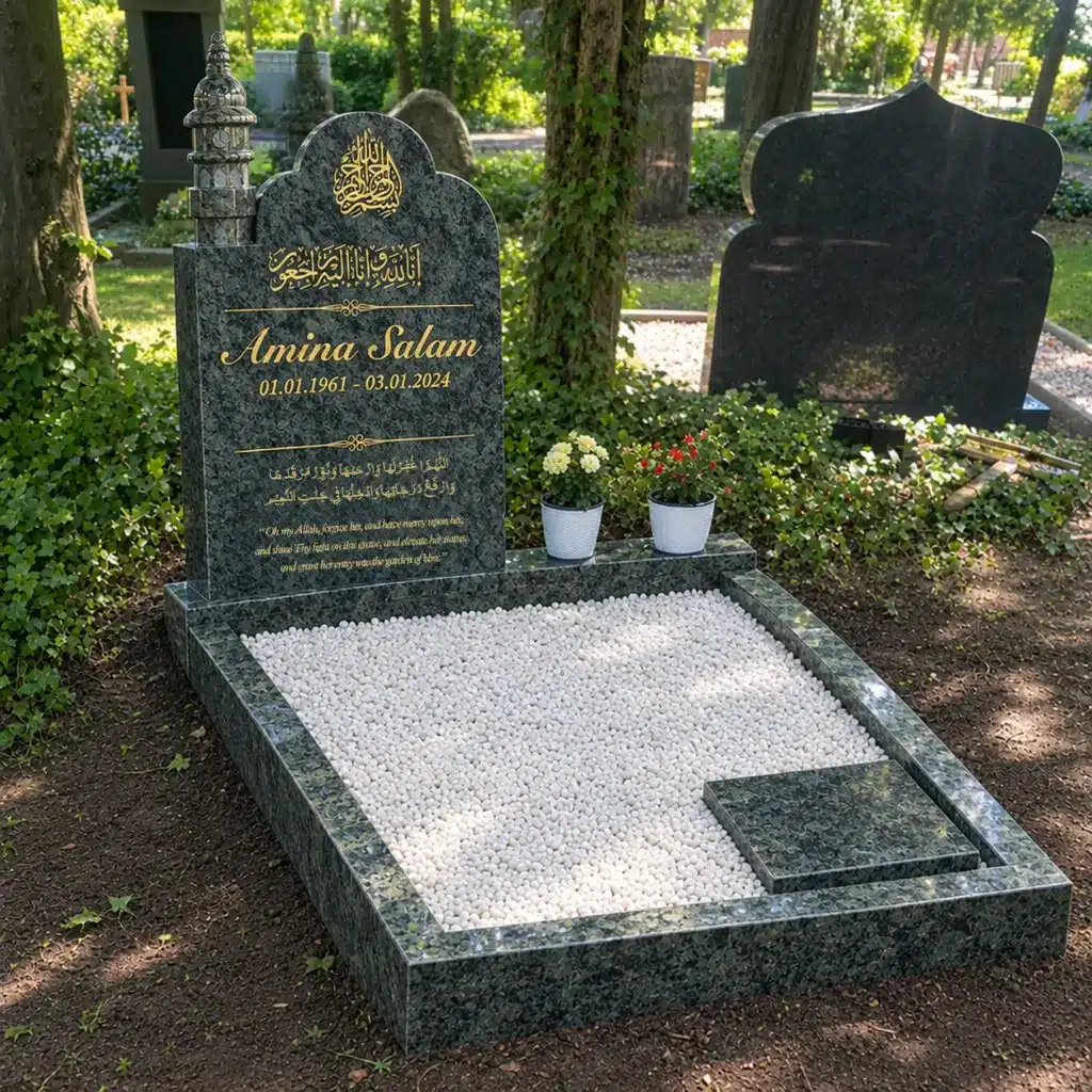 Doppelgrabstein Modell Minaratul-Siraj aus Olive Green Granit auf dem Friedhof