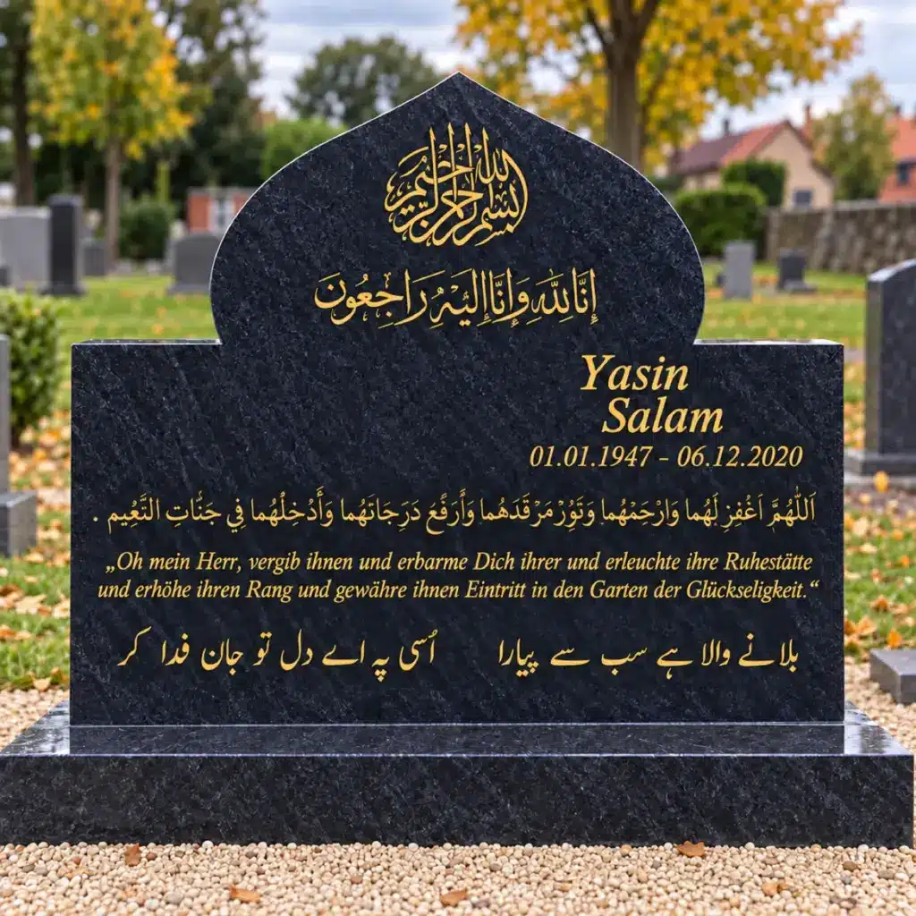 Doppelgrabstein Modell Masjid aus Orion Blue Granit mit goldener Schrift auf dem Friedhof