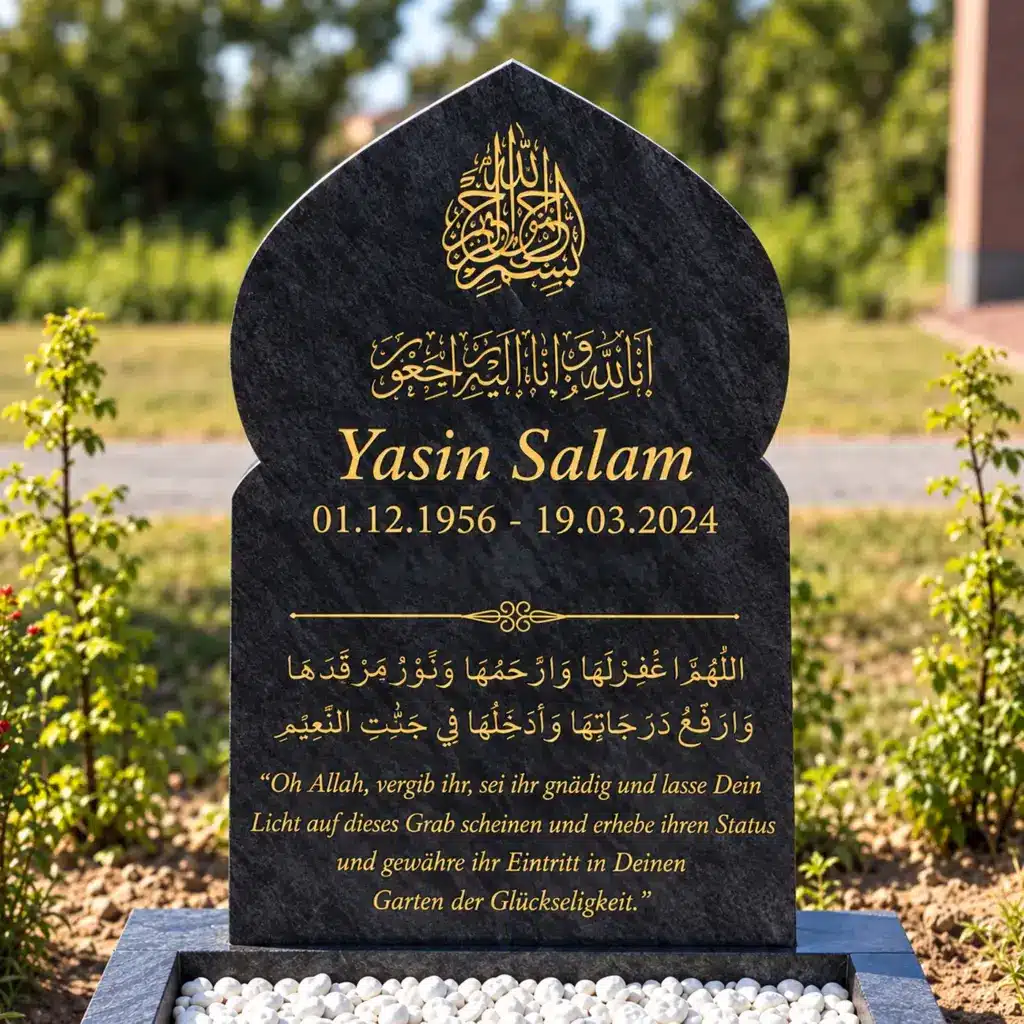 Einzelgrabstein Modell Noor aus Orion Blue Granit mit goldener Gravur auf dem Friedhof