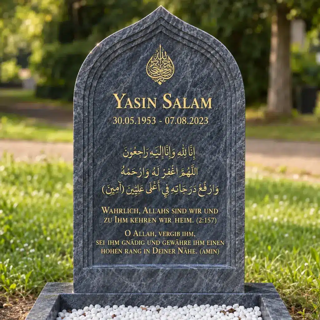 Einzelgrabstein Modell Al-Mihrab aus Orion Blue Granit mit Zierrahmen auf dem Friedhof