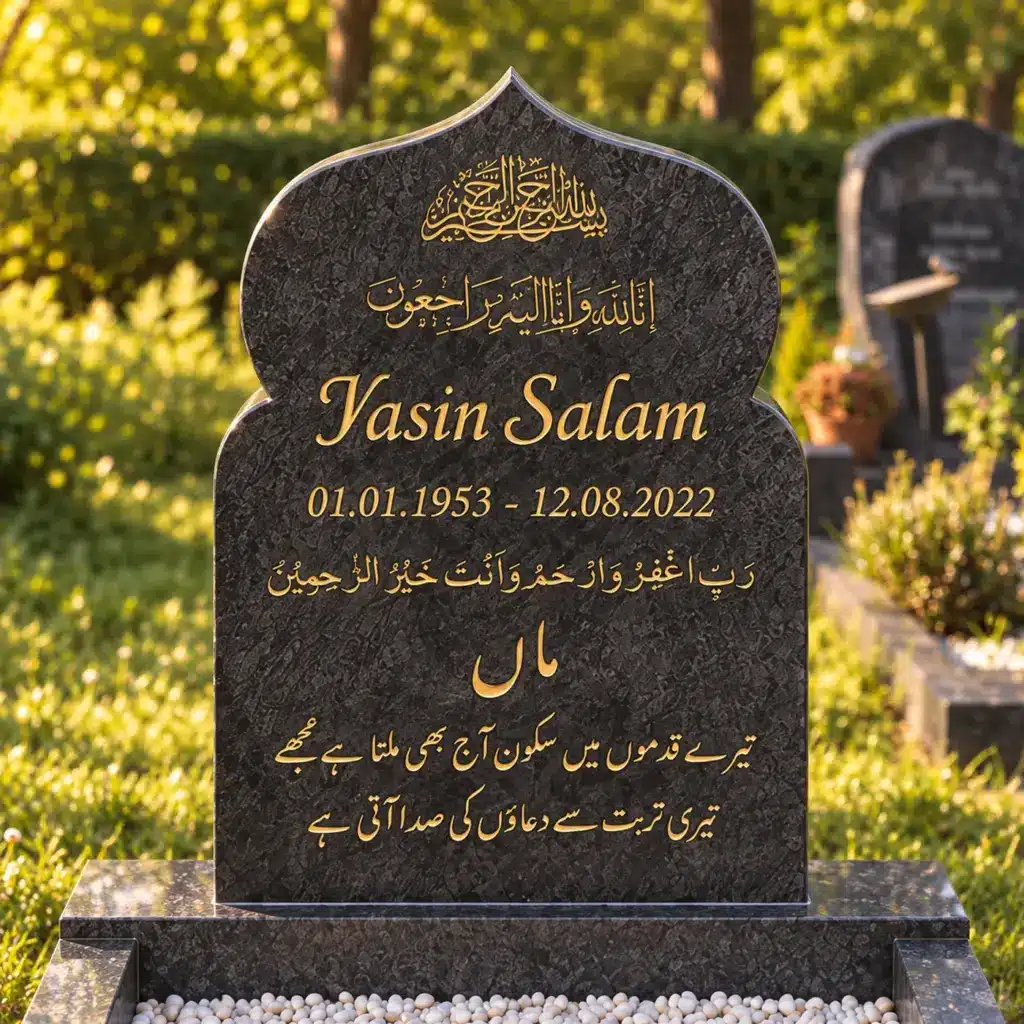 Einzelgrabstein Modell Minaar aus Orion Blue Granit mit goldener Schrift auf dem Friedhof