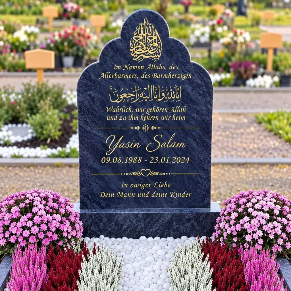 Einzelgrabstein Modell Anisa aus Orion Blue Granit mit Blumenschmuck auf dem Friedhof