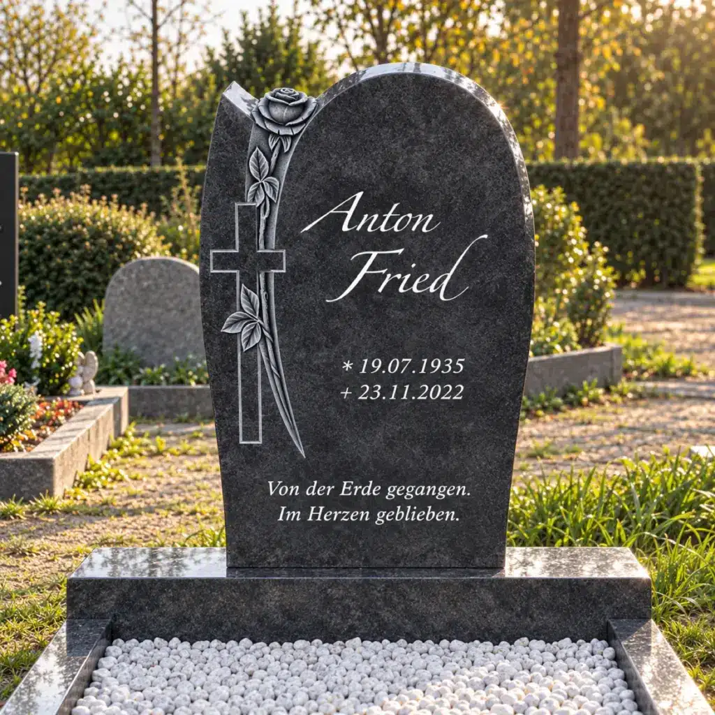 Einzelgrabstein Modell Aeternum aus Orion Blue Granit mit Rose und Kreuz auf dem Friedhof