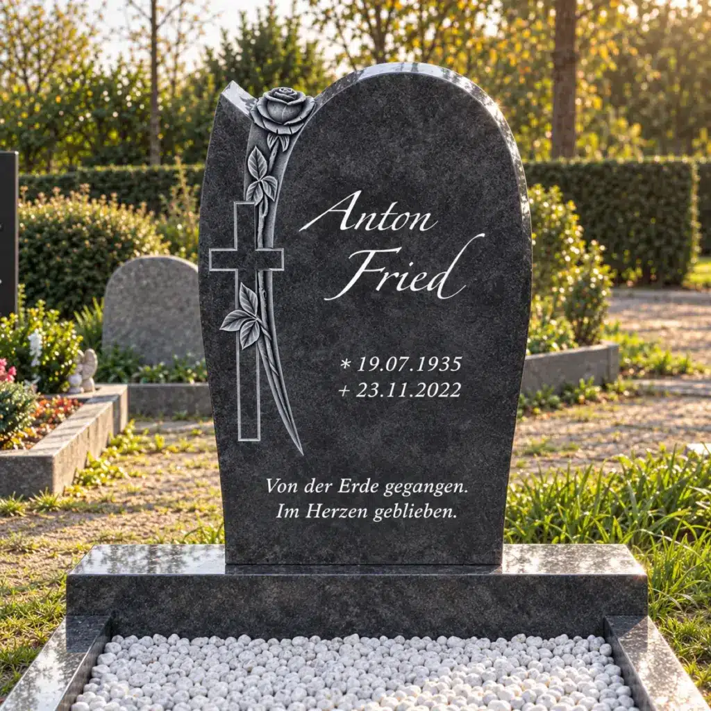 Einzelgrabstein Modell Aeternum aus Orion Blue Granit auf dem Friedhof