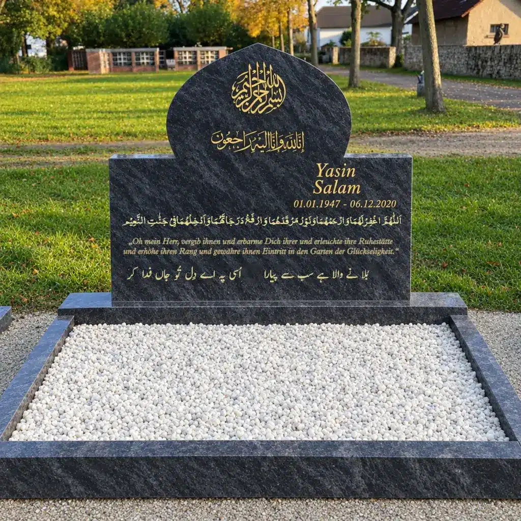 Doppelgrabstein Modell Masjid aus Orion Blue Granit auf dem Friedhof