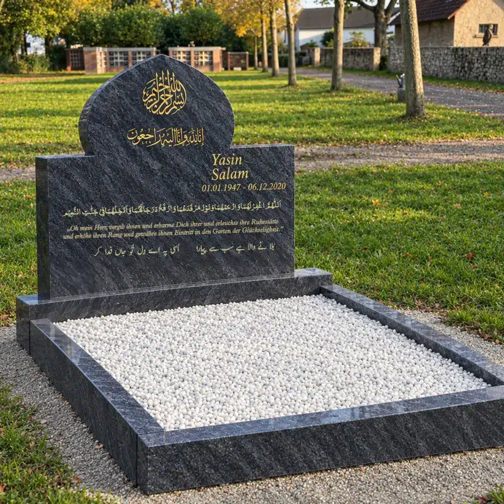 Doppelgrabstein Modell Masjid aus Orion Blue auf dem Friedhof