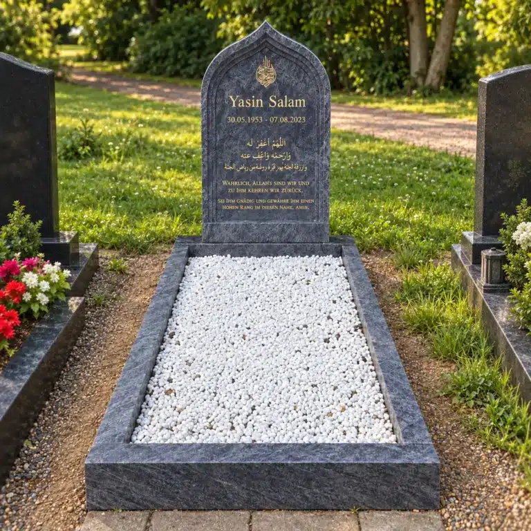 Einzelgrabstein Modell Al-Mihrab aus Orion Blue Granit auf dem Friedhof