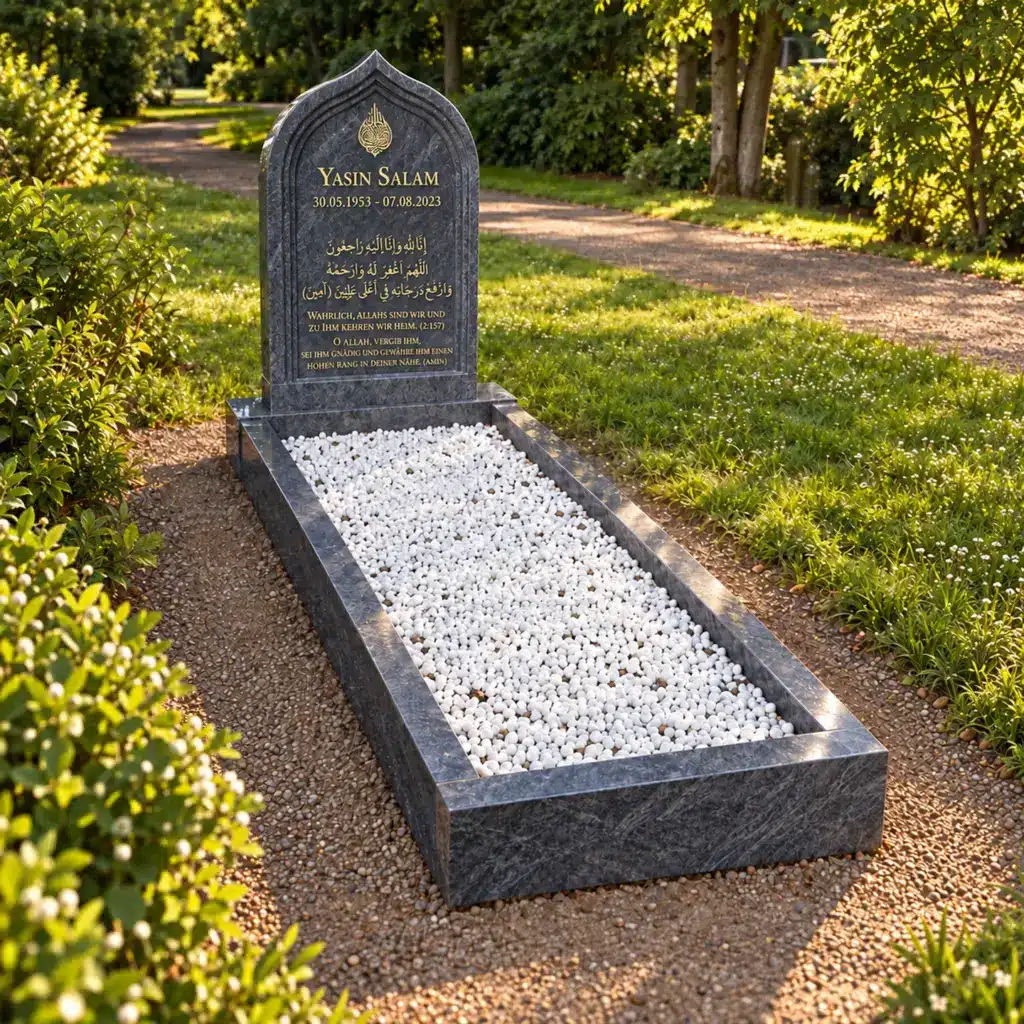 Einzelgrabstein Modell Al-Mihrab aus Orion Blue Granit auf dem Friedhof