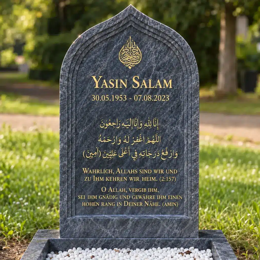 Einzelgrabstein Modell Al-Mihrab aus Orion Blue Granit auf dem Friedhof
