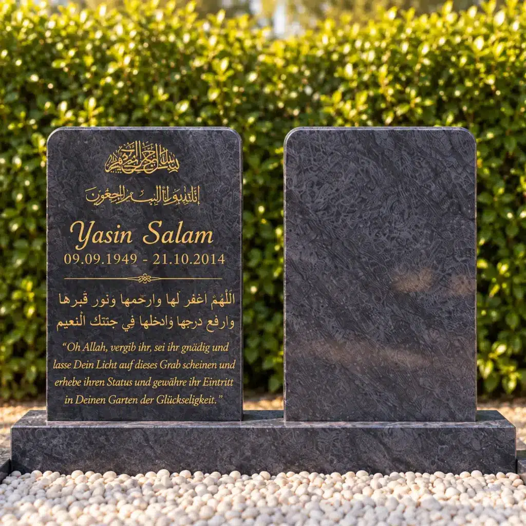 Doppelgrabstein Modell Vela Duo aus Orion Blue auf dem Friedhof