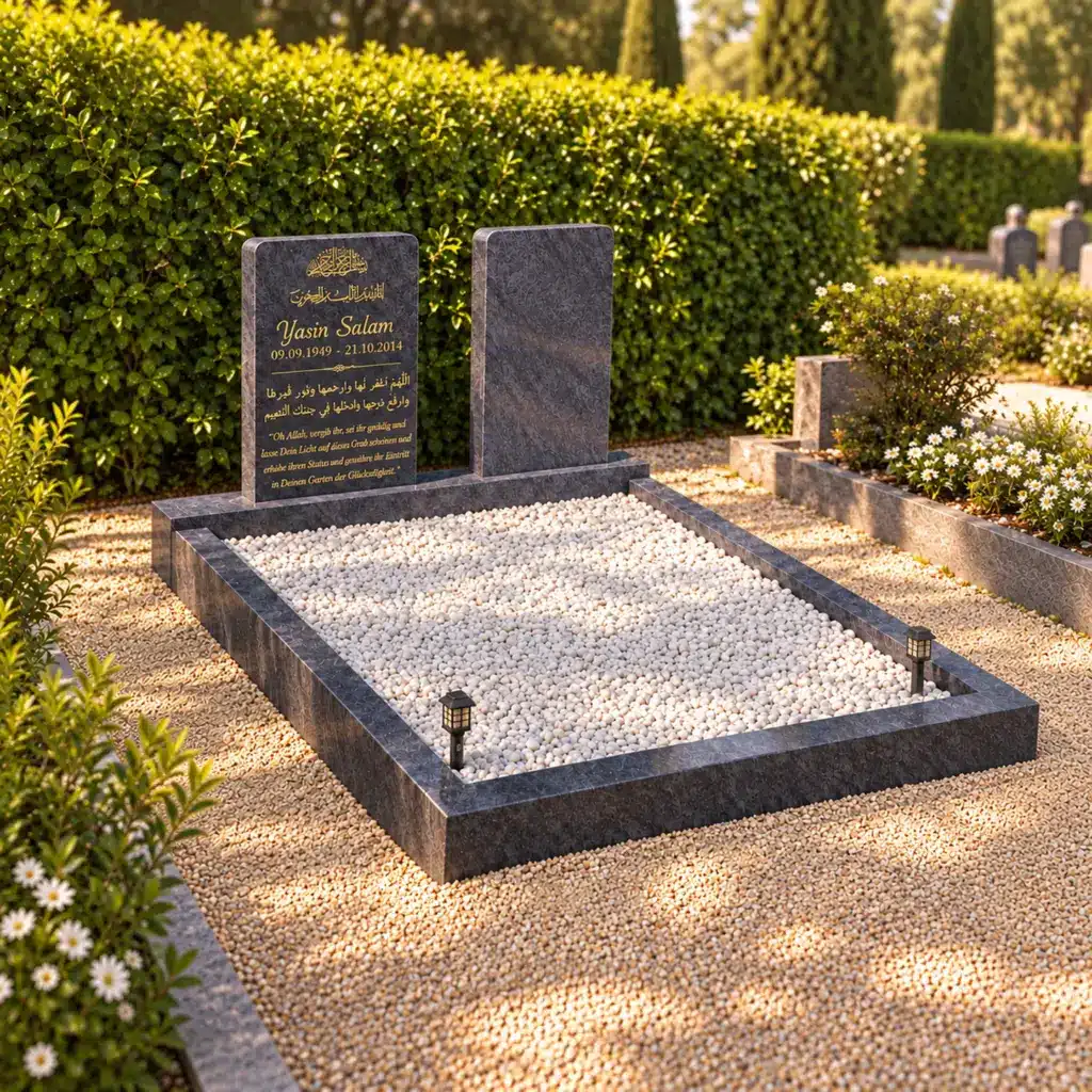 Doppelgrabstein Modell Vela Duo aus Orion Blue auf dem Friedhof