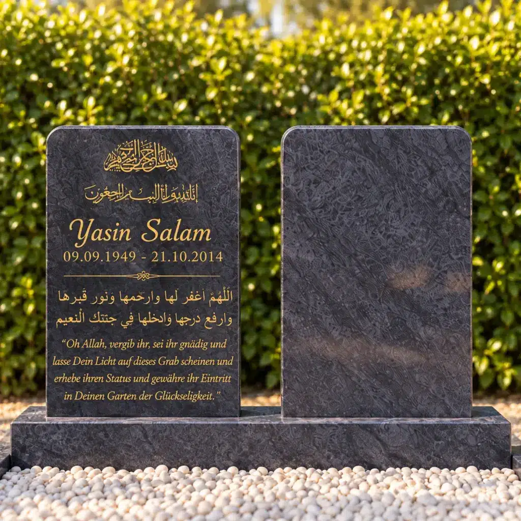 Doppelgrabstein Modell Vela aus Orion Blue Granit auf dem Friedhof