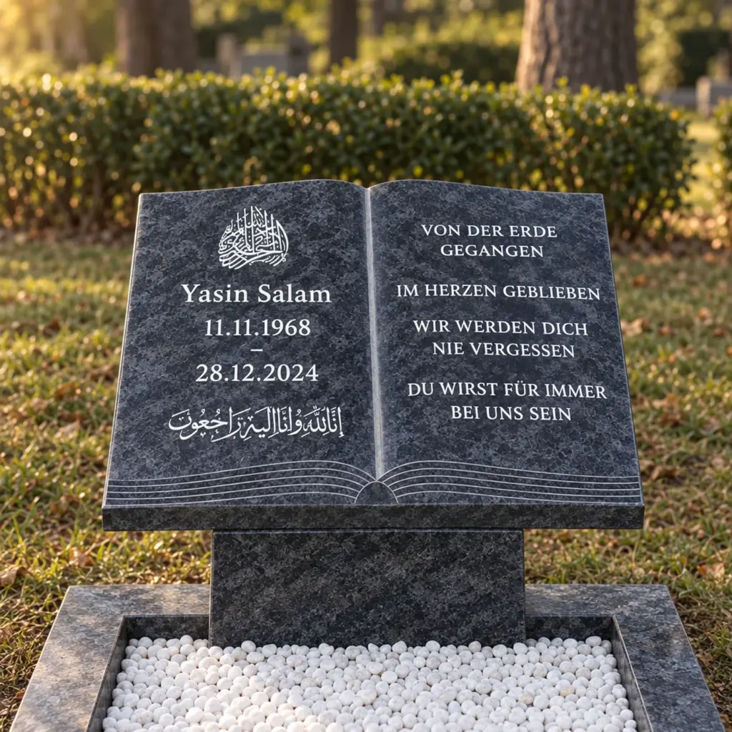 Liegender Grabstein Modell Kitab aus Orion Blue Granit auf dem Friedhof