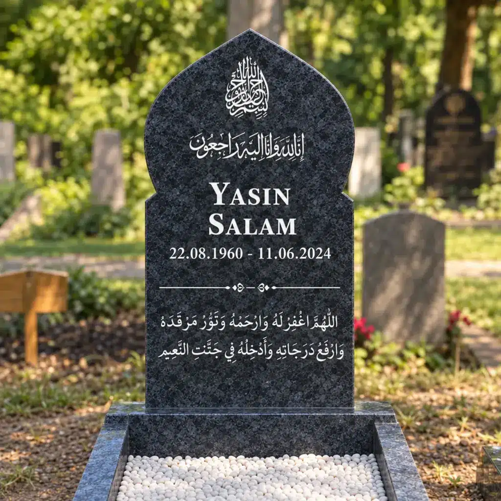 Liegender Grabstein Modell Noor aus Orion Blue Granit auf dem Friedhof